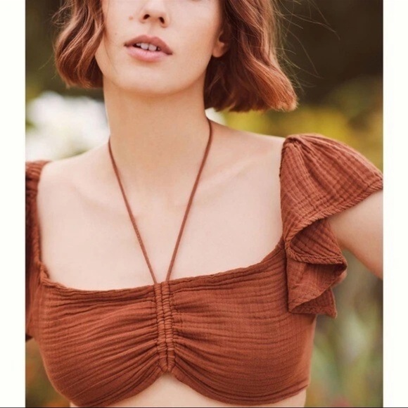 NWT Anthropologie The Jerry Cinched Crop Top Brown Medium - Picture 2 of 11